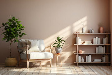 clean dan minimalist living room with armchair. beige comfortable apartment design