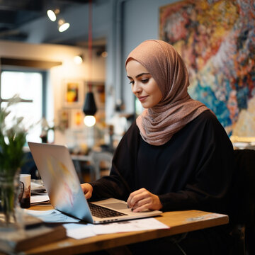 Muslim woman working with the laptop. Generative AI.