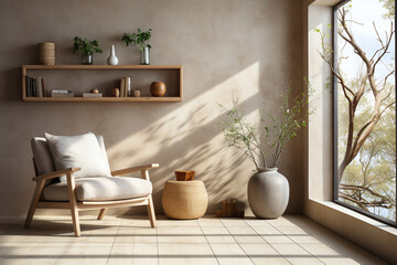 clean dan minimalist living room with shelf and armchair. beige comfortable apartment design