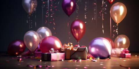 Obraz premium Holidays background with balloons, confetti, sparkles, lights. Anniversary. Banner for birthday, party, Christmas, New Year, promotion social media cover. Generative Ai