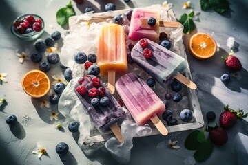 Obraz na płótnie Canvas Colorful and delicious ice cream popsicles with fruits and berries, top view. Summer dessert, frozen fruit juice.