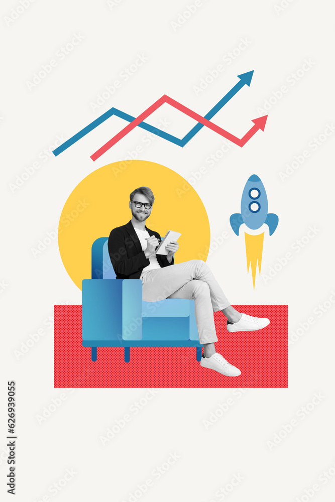 Poster collage positive businessman sitting armchair write documents analysis graphics stats rocket launch 