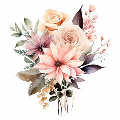 Watercolor flowers floral wedding bouquet. AI generative isolated illustration
