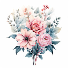 Watercolor flowers floral wedding bouquet. AI generative isolated illustration