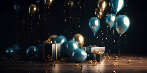 Obraz na płótnie Canvas Holidays background with balloons, confetti, sparkles, lights. Anniversary. Banner for birthday, party, Christmas, New Year, promotion social media cover. Generative Ai