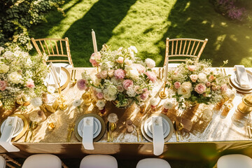 Holiday tablescape, golden formal dinner table setting, table scape with gold decoration for wedding party and event celebration, generative ai