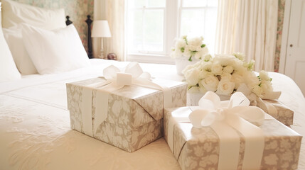 Fototapeta na wymiar Wedding gifts and flowers in an elegant white bedroom, generative ai