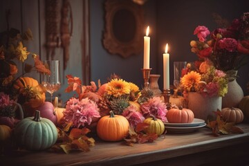 Autumn harvest table. Generate Ai