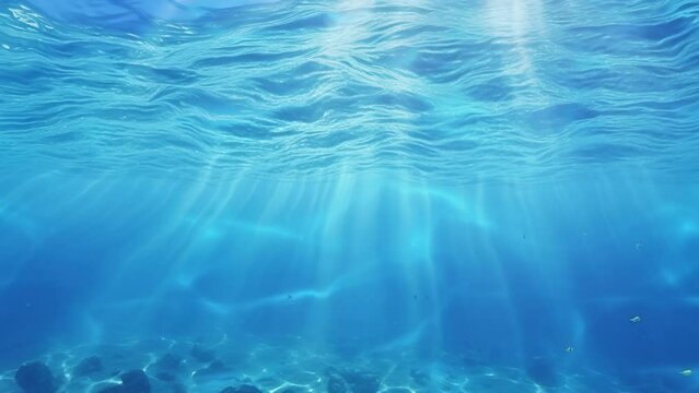 Underwater slow motion shot of sun rays shining through the surface of the clear blue peaceful ocean. HD video animation 4K