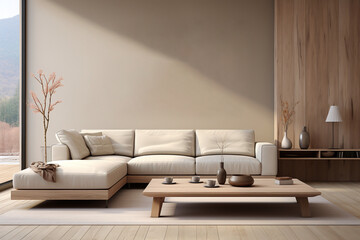 clean dan minimalist living room with sofa. beige comfortable apartment design