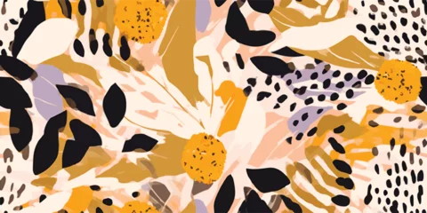 Foto op Canvas Hand drawn abstract floral pattern with leopards skin. Creative collage contemporary seamless pattern. Natural colors. Fashionable template for design © Eli Berr