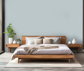 cozy dan minimalist bedroom interior with empty wall mockup. beige comfortable apartment design