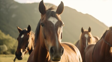 Thoroughbred Horses grazing with green beautiful mountain background in morning, AI generative.