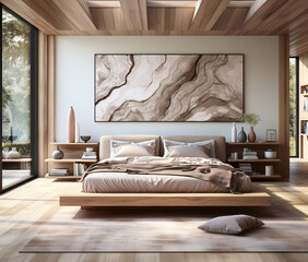 cozy dan minimalist bedroom interior with framed photo image. beige comfortable apartment design