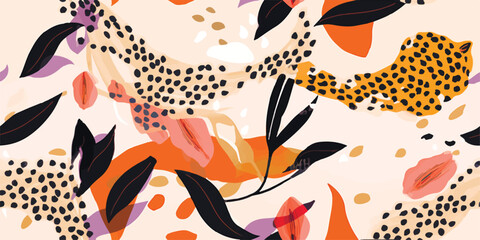 Hand drawn abstract floral pattern with leopards skin. Creative collage contemporary seamless pattern. Natural colors. Fashionable template for design