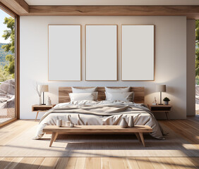 cozy dan minimalist bedroom interior with framed photo image. beige comfortable apartment design