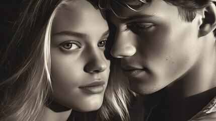 Fototapeta premium Beautiful portrait monochrome photo of a woman and a man close-up