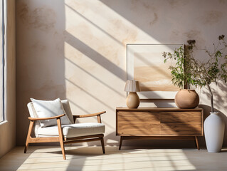 clean dan minimalist living room with armchair. beige comfortable apartment design