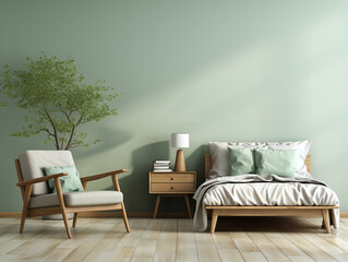 cozy dan minimalist bedroom interior with empty wall mockup. beige comfortable apartment design