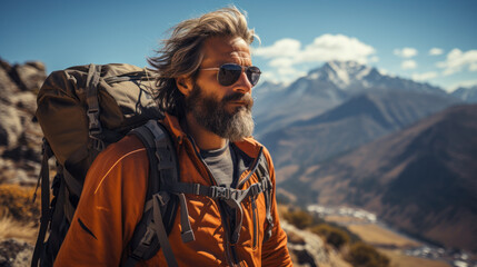 Handsome man hiking in Himalayas. Beard man with backpack and sunglasses on the trekking trail.