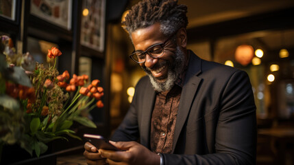 Cheerful african american man using smartphone in coffee shop.