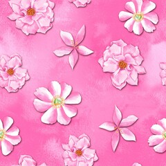 Watercolor flowers pattern, pink tropical elements, pink background, seamless