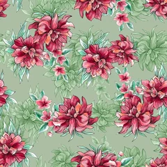 Outdoor kussens Watercolor flowers pattern, dark red tropical elements, green leaves, green background, seamless © Leticia Back