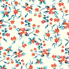 Watercolor flowers pattern, red romantic elements, green leaves, yellow background, seamless