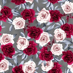 Watercolor flowers pattern, dark red tropical elements, leaves, gray background, seamless