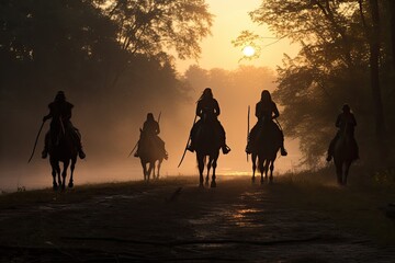 A group of American Indians on horseback in the rays of the setting sun. The keepers of real traditions in national dress remain faithful to their traditions and protect their lawful territory.