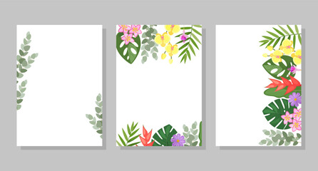 Fototapeta na wymiar Set of tropical flower compositions, backgrounds, frames, postcards. Vector botanical illustration for booklet, invitation or flyer.