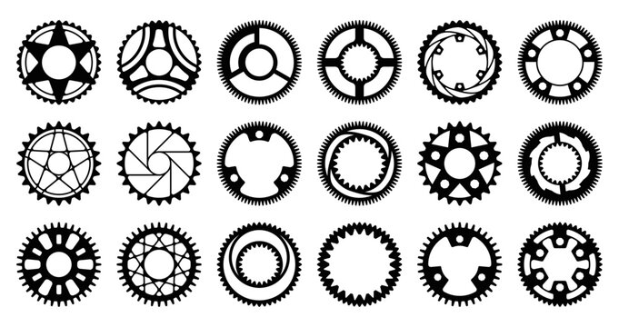 Bicycle cogwheel. Cyclic gear system black elements silhouette for bicycle, circular disk mechanism for gear chain. Vector collection. Sport components for bike equipment isolated set