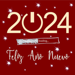 New year 2024 square greeting card written in spanish with lots of stars on red background - "Feliz ano nuevo" means "Happy New Year"