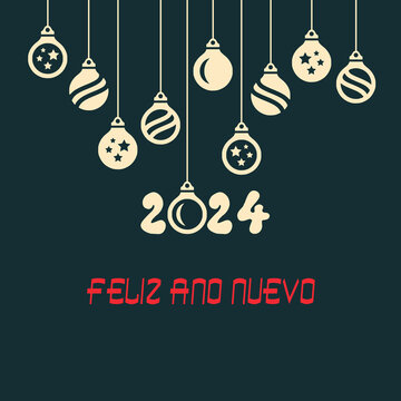 Square Wish Card 2024 Written In Spanish In Red Font With Golden Christmas' Balls On A Green Background - 