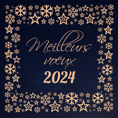 Square wish card 2024 written in French in gold font with a lot of golden stars on a starry blue background - "Meilleurs voeux 2024" means "Happy New Year celebrations 2024"	
