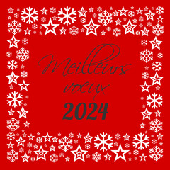 Square wish card 2024 written in French in black font with a lot of white stars on a red background - "Meilleurs voeux 2024" means "Happy New Year celebrations 2024"	