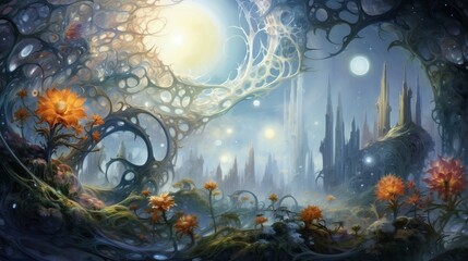 Obraz na płótnie Canvas landscape with moon and stars