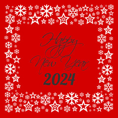 Square wish card 2024 written in English in black font with a lot of white stars on a red background - "Happy New Year 2024"	