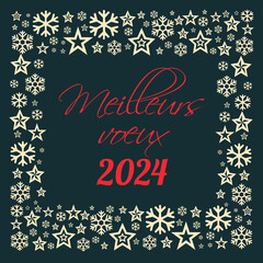 Fototapeta na wymiar Square wish card 2024 written in French in red font with a lot of golden stars on a green background - 
