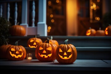 Obraz premium Carved Pumpkins Glowing on a Porch at Night - Helloween - AI Generated