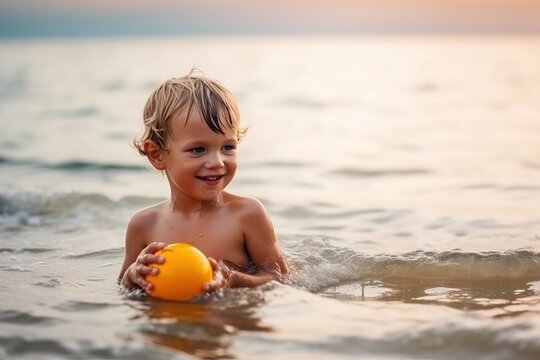 Kid playing at beach, Happy child having fun on summer vacation
