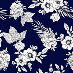 Watercolor flowers pattern, black and white tropical elements, green leaves, blue navy background, seamless