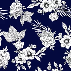 Poster Watercolor flowers pattern, black and white tropical elements, green leaves, blue navy background, seamless © Leticia Back