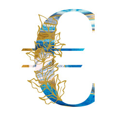 Blue gold marble ink currency symbols of dollar, euro, pound sterling, and yen. Isolated on transparent background. This is a part of a set which also includes letters and numbers