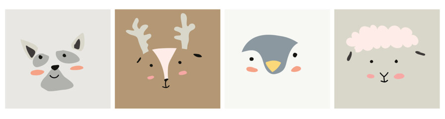set of simple portraits or face different animals dog, deer, penguin, lamb © ZhumaStudio