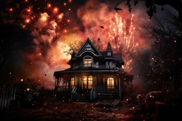 Halloween Fireworks Over a Spooky House - AI Generated