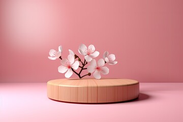 3d Japanese style minimal background. pink podium and cherry blossom background for product presentation.