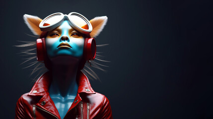 Hyper realistic portrait of an anthropomorphic lady cat animal woman in stylish red biker jacket. Pop art style with a futuristic twist concept - obrazy, fototapety, plakaty