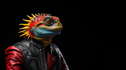 Hyper realistic anthropomorphic colourful lizard iguana in stylish biker jacket. Futuristic pop art style imagination concept