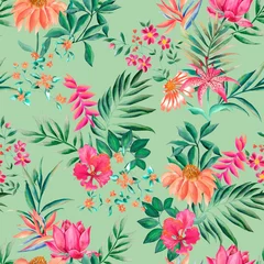 Fototapeten Watercolor flowers pattern, pink nad orange tropical elements, green leaves, green background, seamless © Leticia Back